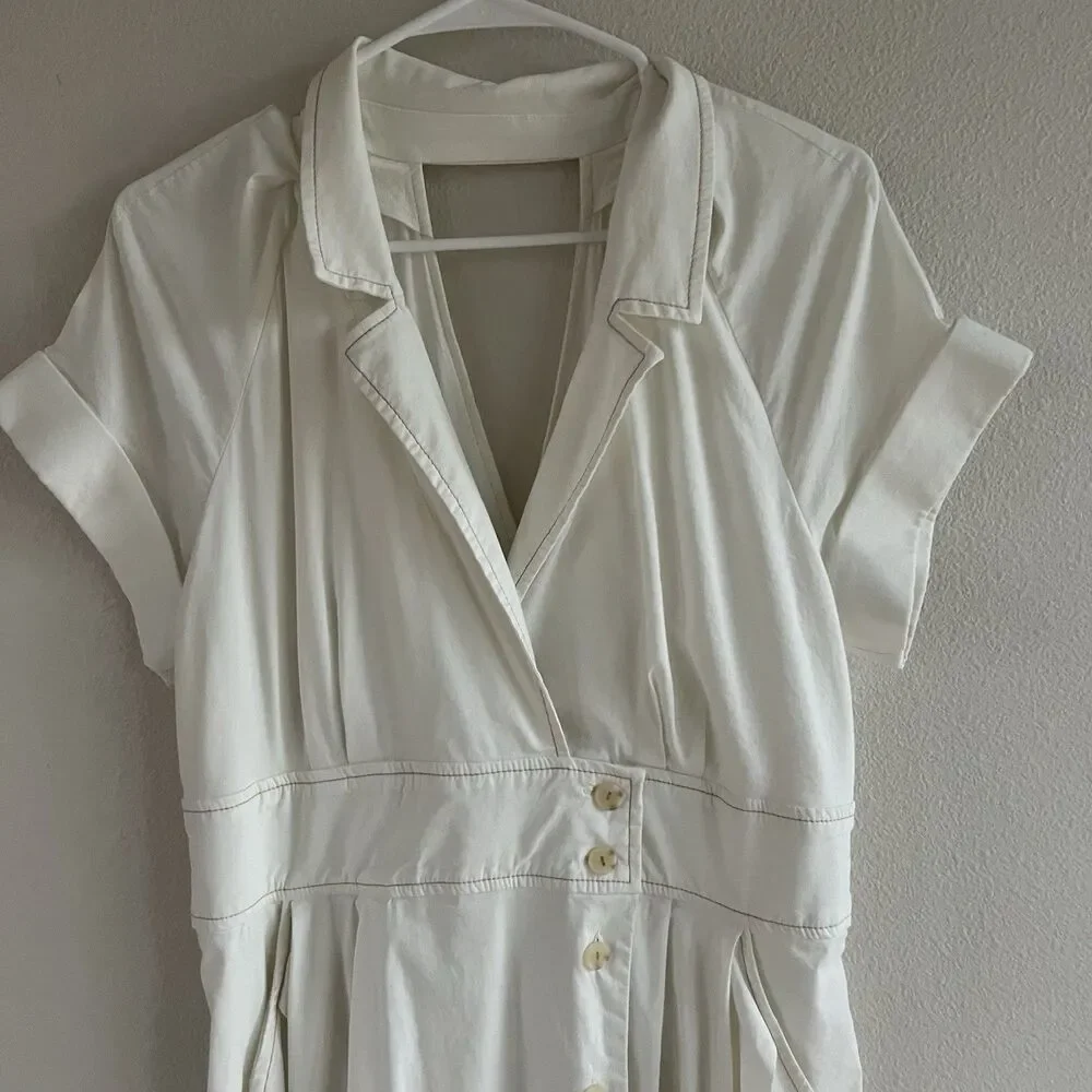 Maeve Anthropologie Poplin Shirt Dress Women’s 14 Midi White Collared V Neck - Picture 4 of 14